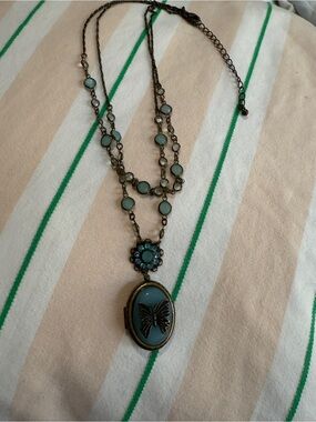 Vintage Avon Butterfly Baby Blue Boho Pendant Locket Necklace